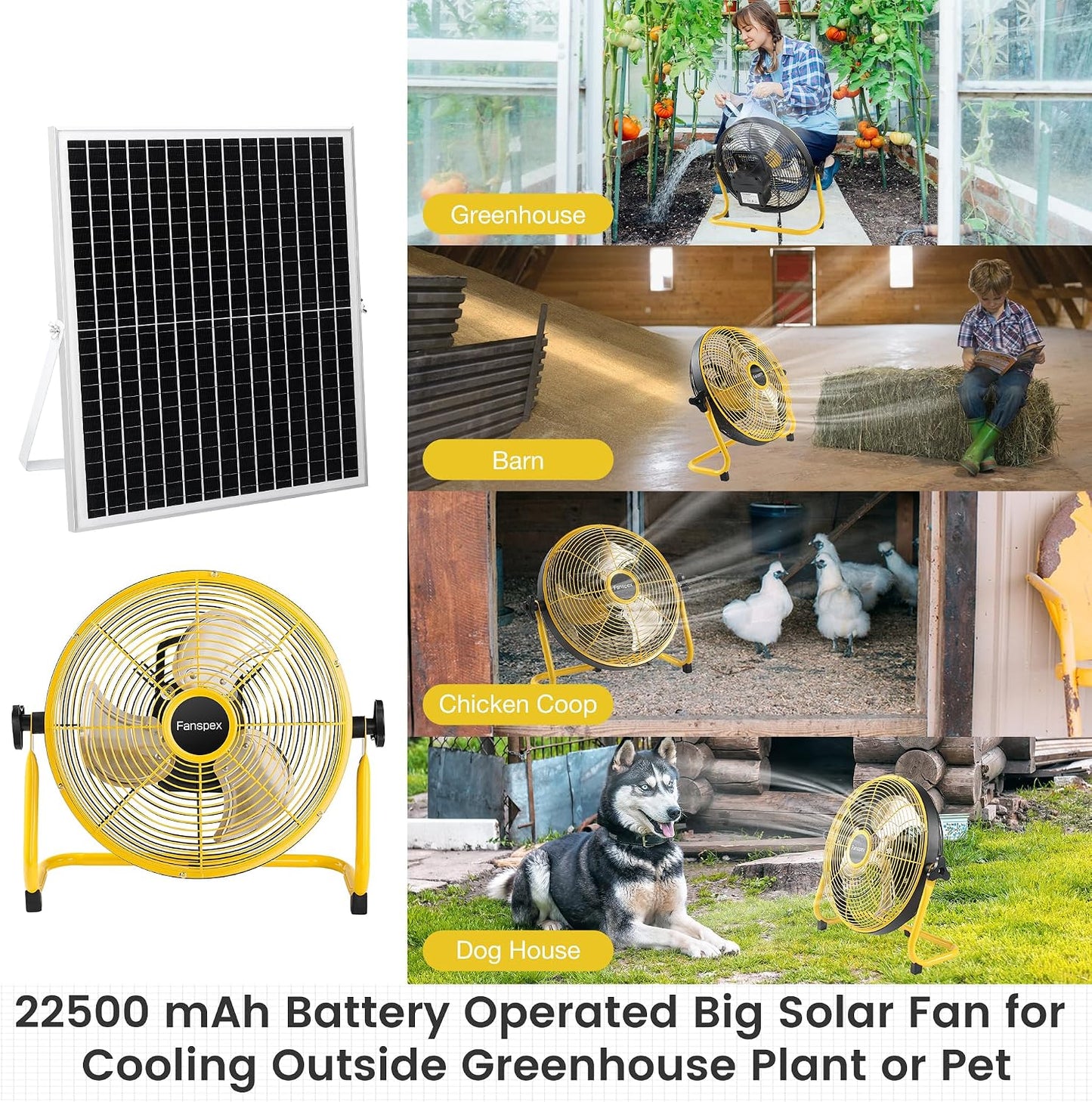 14" Solar Rechargeable Floor Fan for Outdoor, 22500Mah Battery Operated Fan with 35W Solar Panel Powered for Patio Gazebo Camping, 360° Tilt (18.3 Ft/S Airflow)