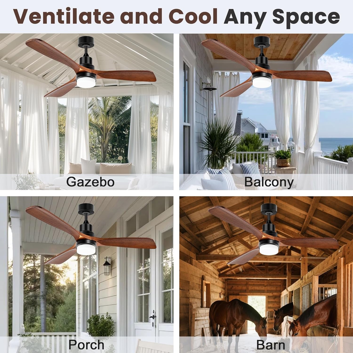 Outdoor Ceiling Fan with Light & Battery, 52" Solar Ceiling Fans for outside 3 Speeds, Quiet Wood Walnut Fan with Adjustable Thermostat for Gazebo, Patios