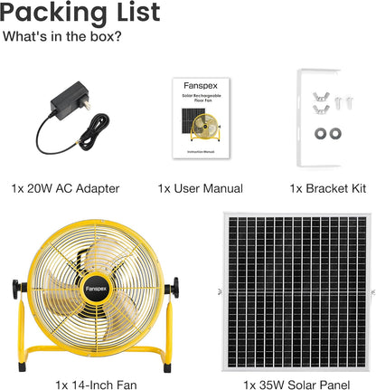 14" Solar Rechargeable Floor Fan for Outdoor, 22500Mah Battery Operated Fan with 35W Solar Panel Powered for Patio Gazebo Camping, 360° Tilt (18.3 Ft/S Airflow)