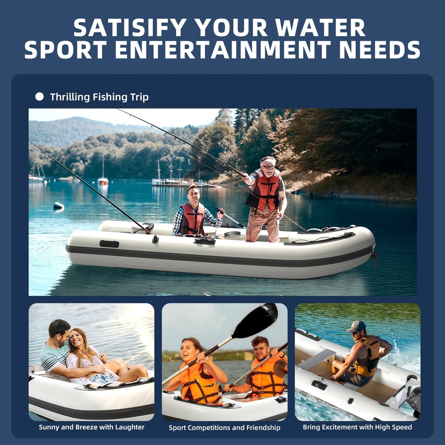 10.5Ft Inflatable Dinghy Boat, 1200 Lbs Capacity, Fishing Rafting Transom Sport Tender, Inflatable Pontoon Boat for Adults, EVA Foam Floor, 2 Aluminum Seats, 6 Handles, 2 Paddle Holders
