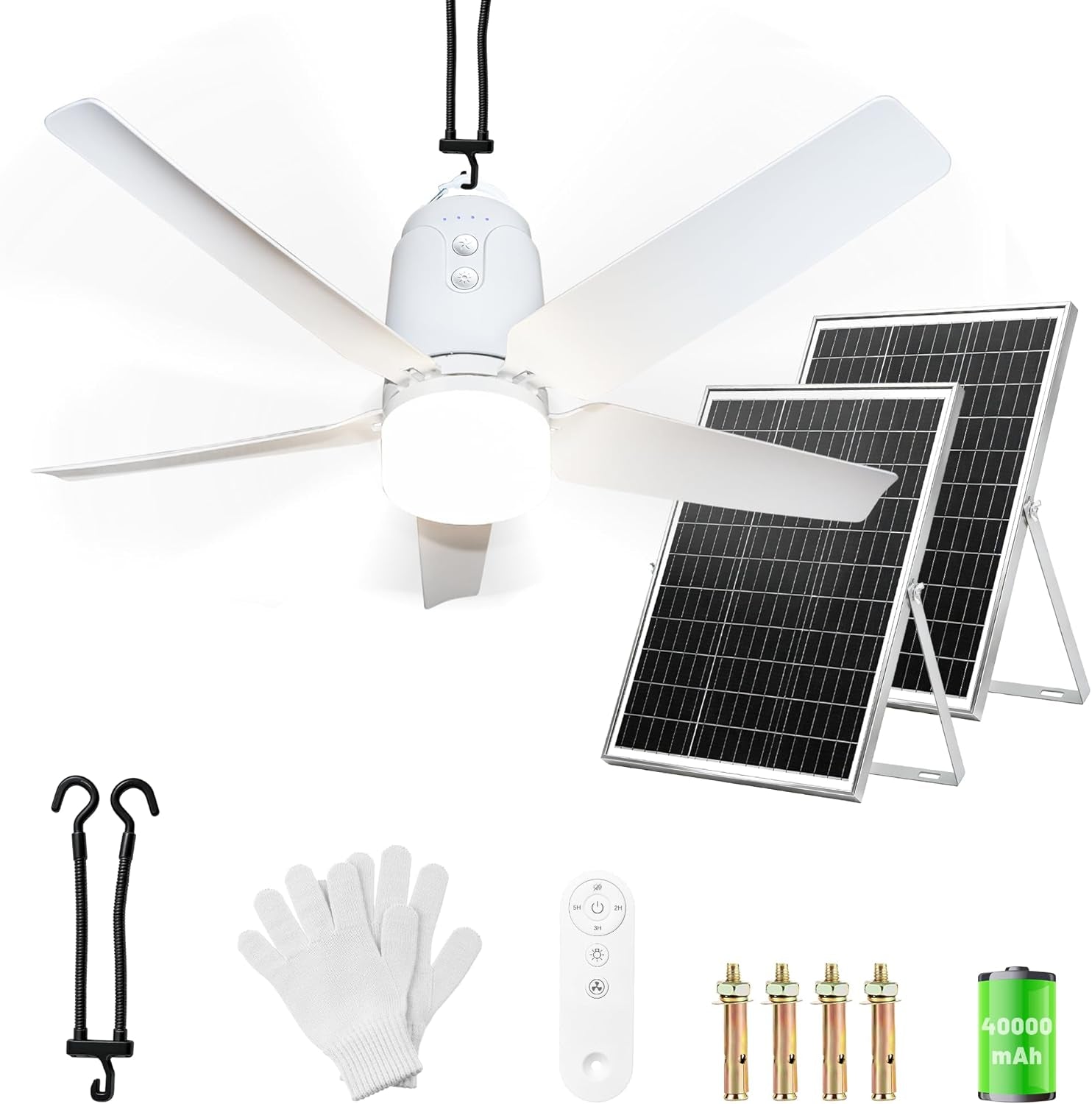 Solar Outdoor Ceiling Fan Light 31.5'', 60W Solar Powered Portable Gazebo Fan with Remote and Hook, 3000K-6000K LED, 40000Mah Large Hanging Canopy Fan (31.5 Inch)