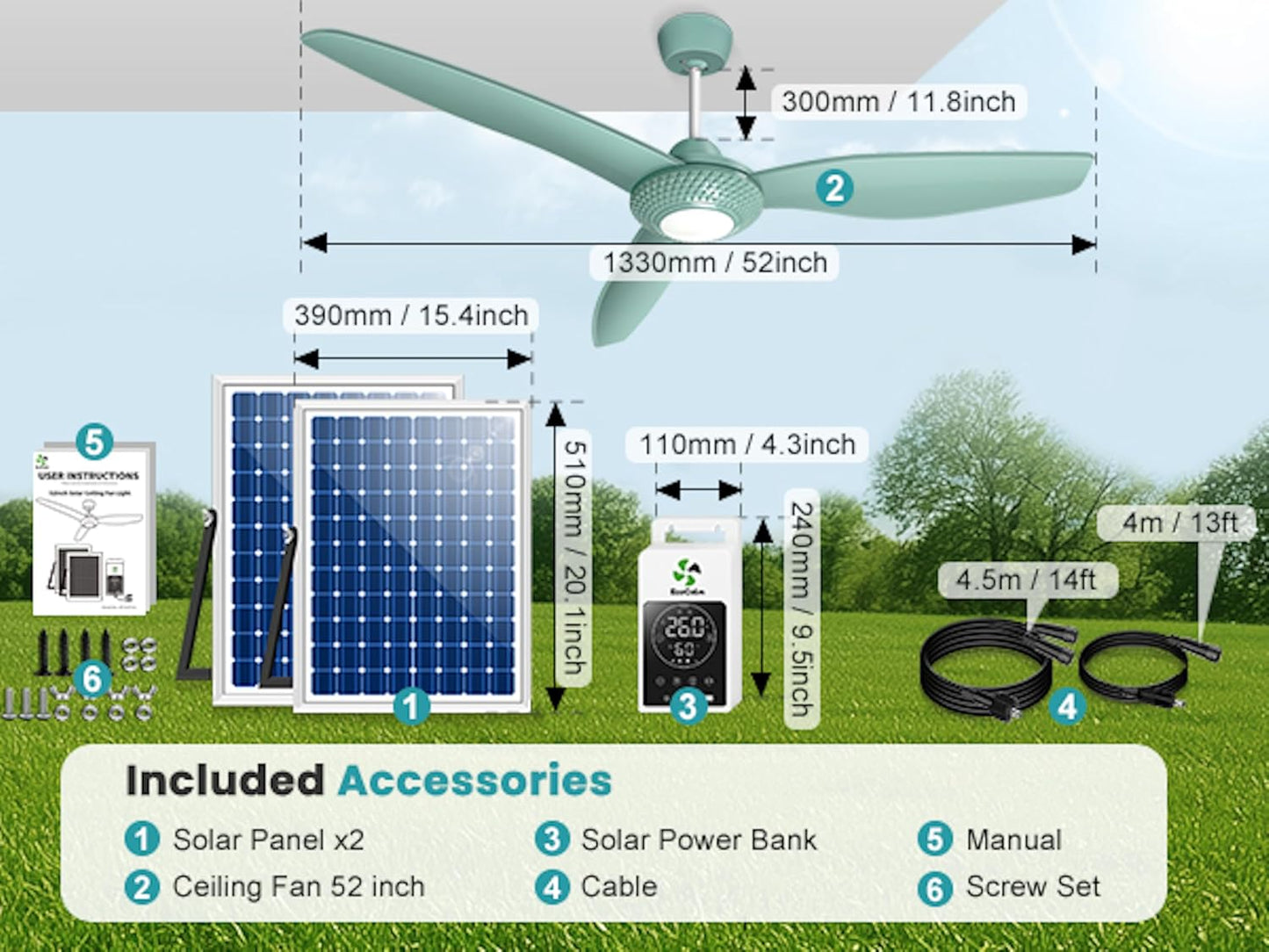 Outdoor Ceiling Fan Light for Gazebo with Battery, 52" Solar Ceiling Fan with Adjustable Thermostat & 2Pcs 30W Bifacial Panels for Patios, Porch, Barn, Shed