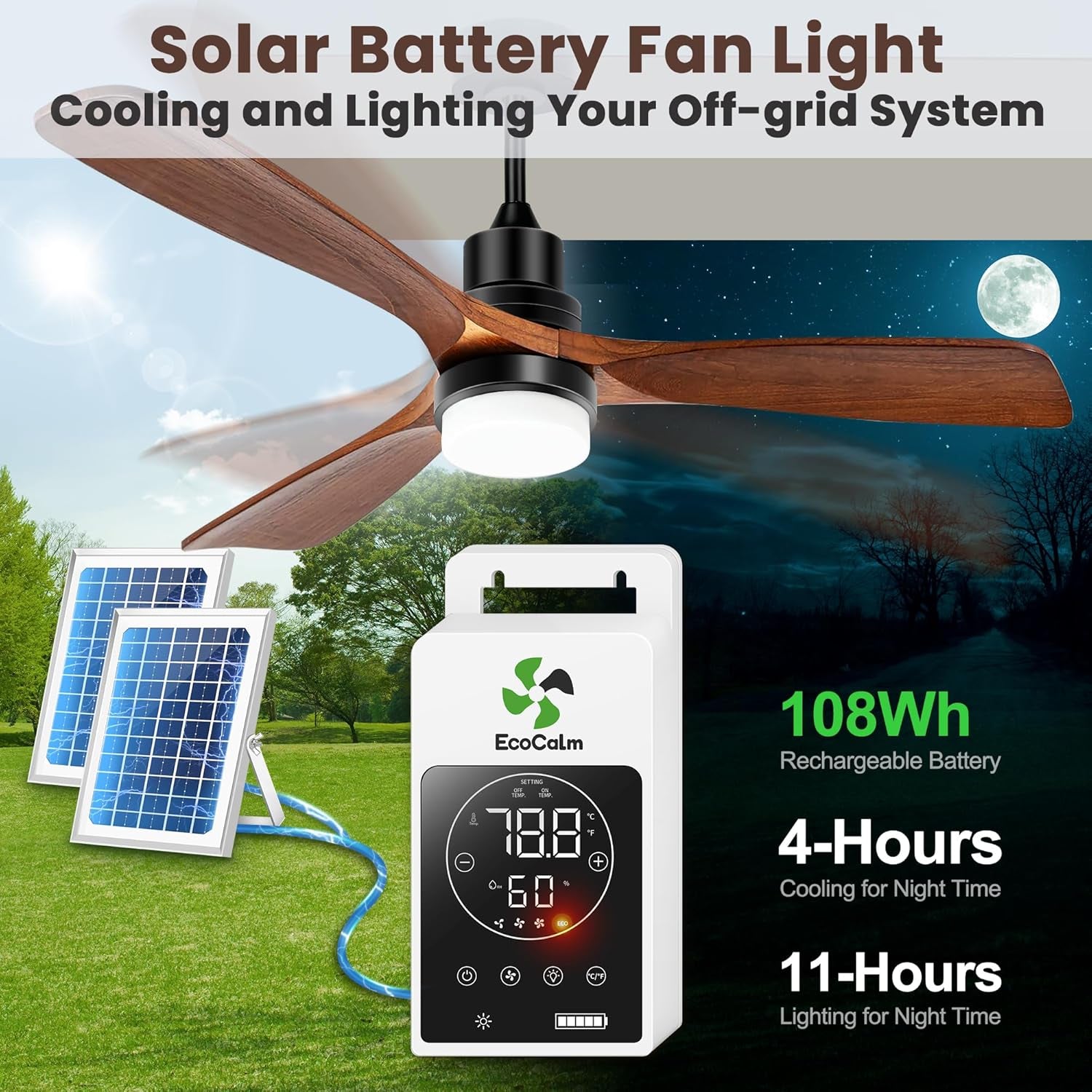 Outdoor Ceiling Fan with Light & Battery, 52" Solar Ceiling Fans for outside 3 Speeds, Quiet Wood Walnut Fan with Adjustable Thermostat for Gazebo, Patios