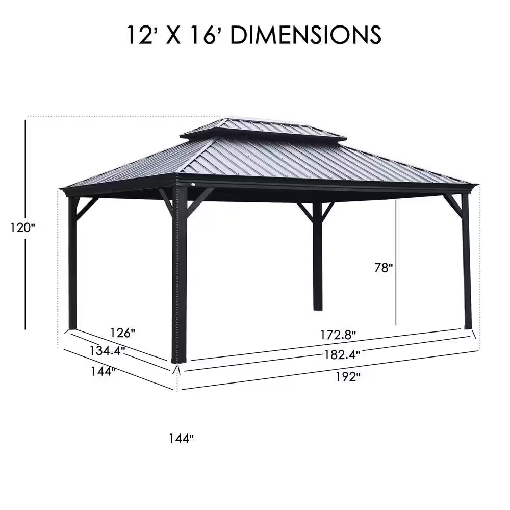 Alexander 12 Ft. X 16 Ft. Aluminum Gray Hardtop Gazebo with Galvanized Steel Roof Gray Color