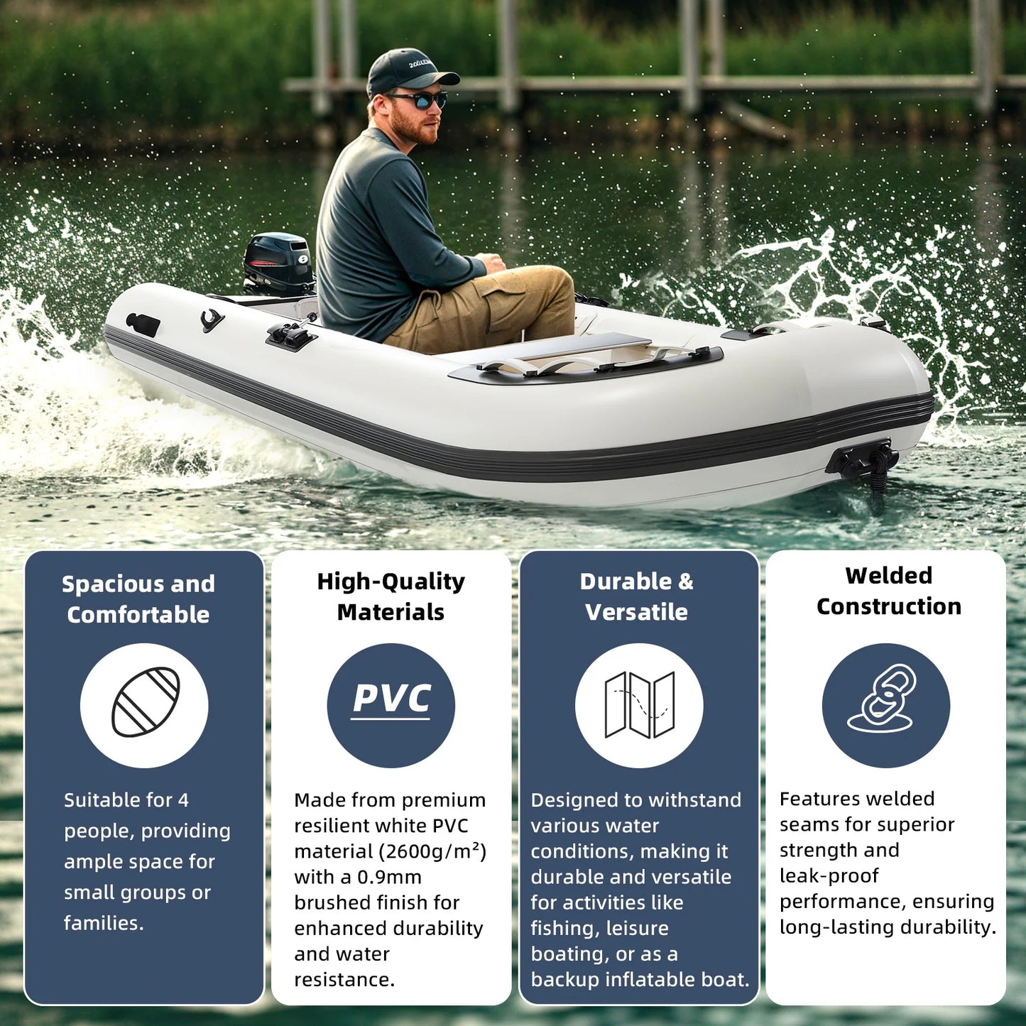 10.5Ft Inflatable Dinghy Boat, 1200 Lbs Capacity, Fishing Rafting Transom Sport Tender, Inflatable Pontoon Boat for Adults, EVA Foam Floor, 2 Aluminum Seats, 6 Handles, 2 Paddle Holders
