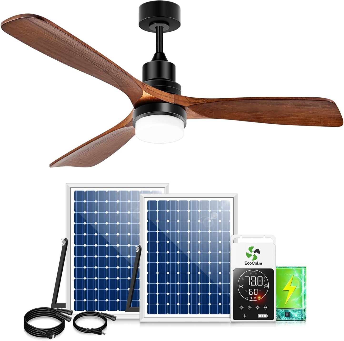 Outdoor Ceiling Fan with Light & Battery, 52" Solar Ceiling Fans for outside 3 Speeds, Quiet Wood Walnut Fan with Adjustable Thermostat for Gazebo, Patios