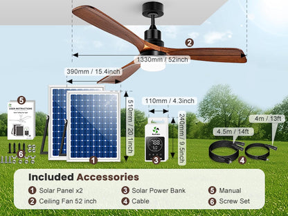 Outdoor Ceiling Fan with Light & Battery, 52" Solar Ceiling Fans for outside 3 Speeds, Quiet Wood Walnut Fan with Adjustable Thermostat for Gazebo, Patios