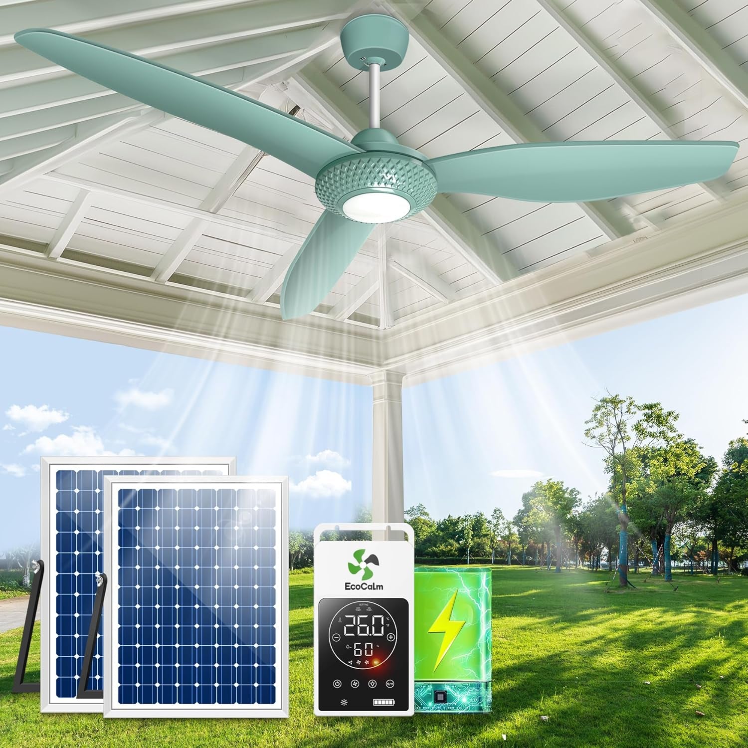 Outdoor Ceiling Fan Light for Gazebo with Battery, 52" Solar Ceiling Fan with Adjustable Thermostat & 2Pcs 30W Bifacial Panels for Patios, Porch, Barn, Shed