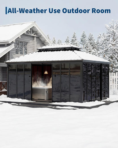 12X16 Ft Hardtop Gazebo Sunroom, Enclosed Gazebo with Floor-To-Ceiling Sliding Doors, All-Aluminum Alloy Frame, Screen Outdoor Room Solarium for Backyard, Patio, and Deck
