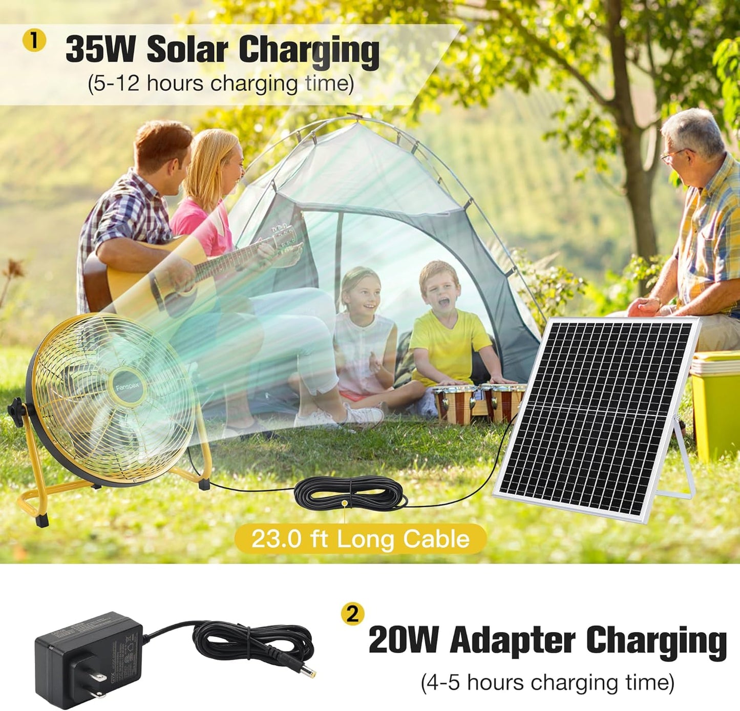14" Solar Rechargeable Floor Fan for Outdoor, 22500Mah Battery Operated Fan with 35W Solar Panel Powered for Patio Gazebo Camping, 360° Tilt (18.3 Ft/S Airflow)