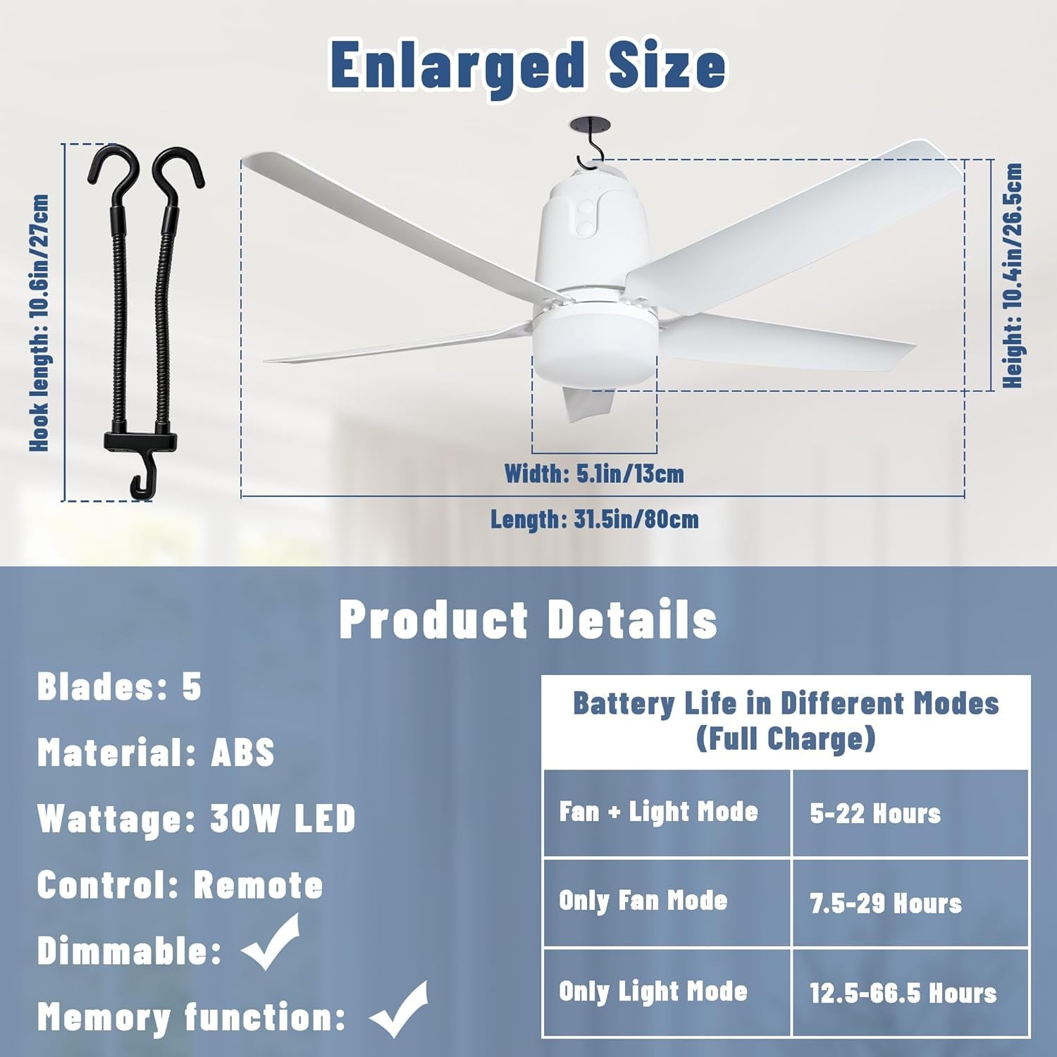 Solar Outdoor Ceiling Fan Light 31.5'', 60W Solar Powered Portable Gazebo Fan with Remote and Hook, 3000K-6000K LED, 40000Mah Large Hanging Canopy Fan (31.5 Inch)