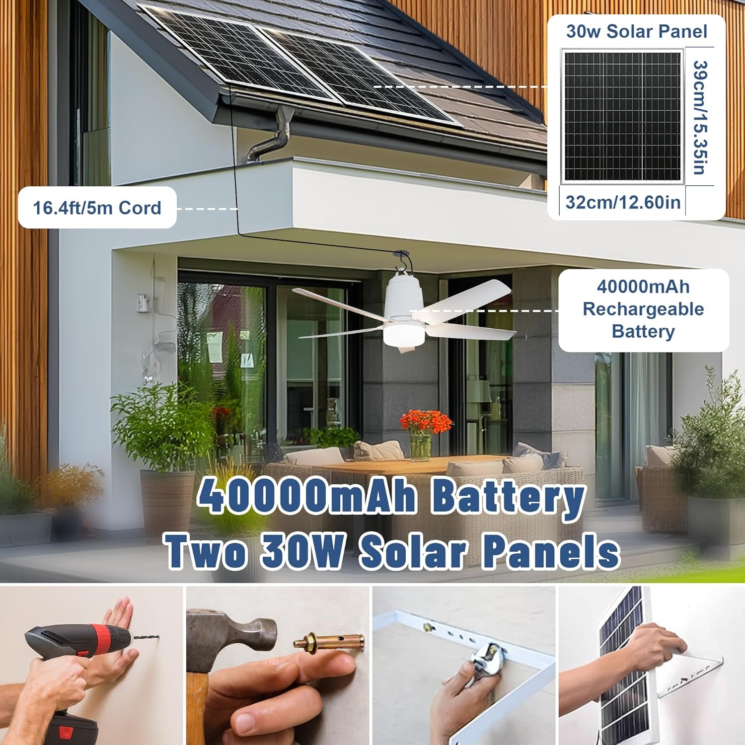 Solar Outdoor Ceiling Fan Light 31.5'', 60W Solar Powered Portable Gazebo Fan with Remote and Hook, 3000K-6000K LED, 40000Mah Large Hanging Canopy Fan (31.5 Inch)
