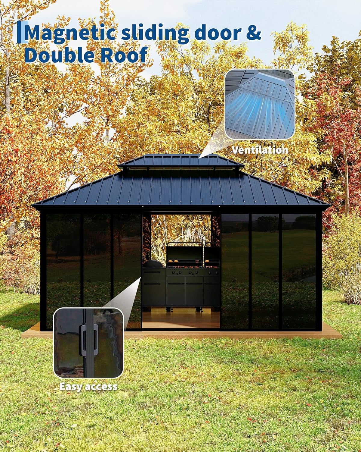 12X16 Ft Hardtop Gazebo Sunroom, Enclosed Gazebo with Floor-To-Ceiling Sliding Doors, All-Aluminum Alloy Frame, Screen Outdoor Room Solarium for Backyard, Patio, and Deck