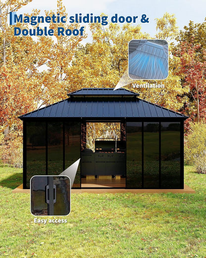 12X16 Ft Hardtop Gazebo Sunroom, Enclosed Gazebo with Floor-To-Ceiling Sliding Doors, All-Aluminum Alloy Frame, Screen Outdoor Room Solarium for Backyard, Patio, and Deck