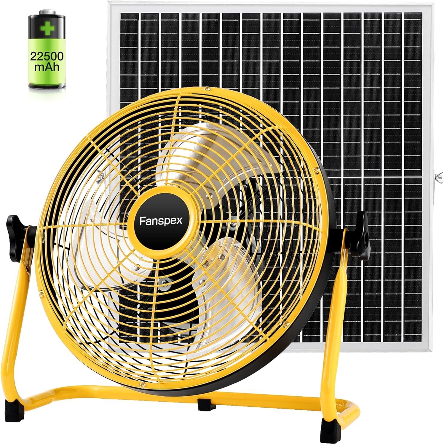 14" Solar Rechargeable Floor Fan for Outdoor, 22500Mah Battery Operated Fan with 35W Solar Panel Powered for Patio Gazebo Camping, 360° Tilt (18.3 Ft/S Airflow)
