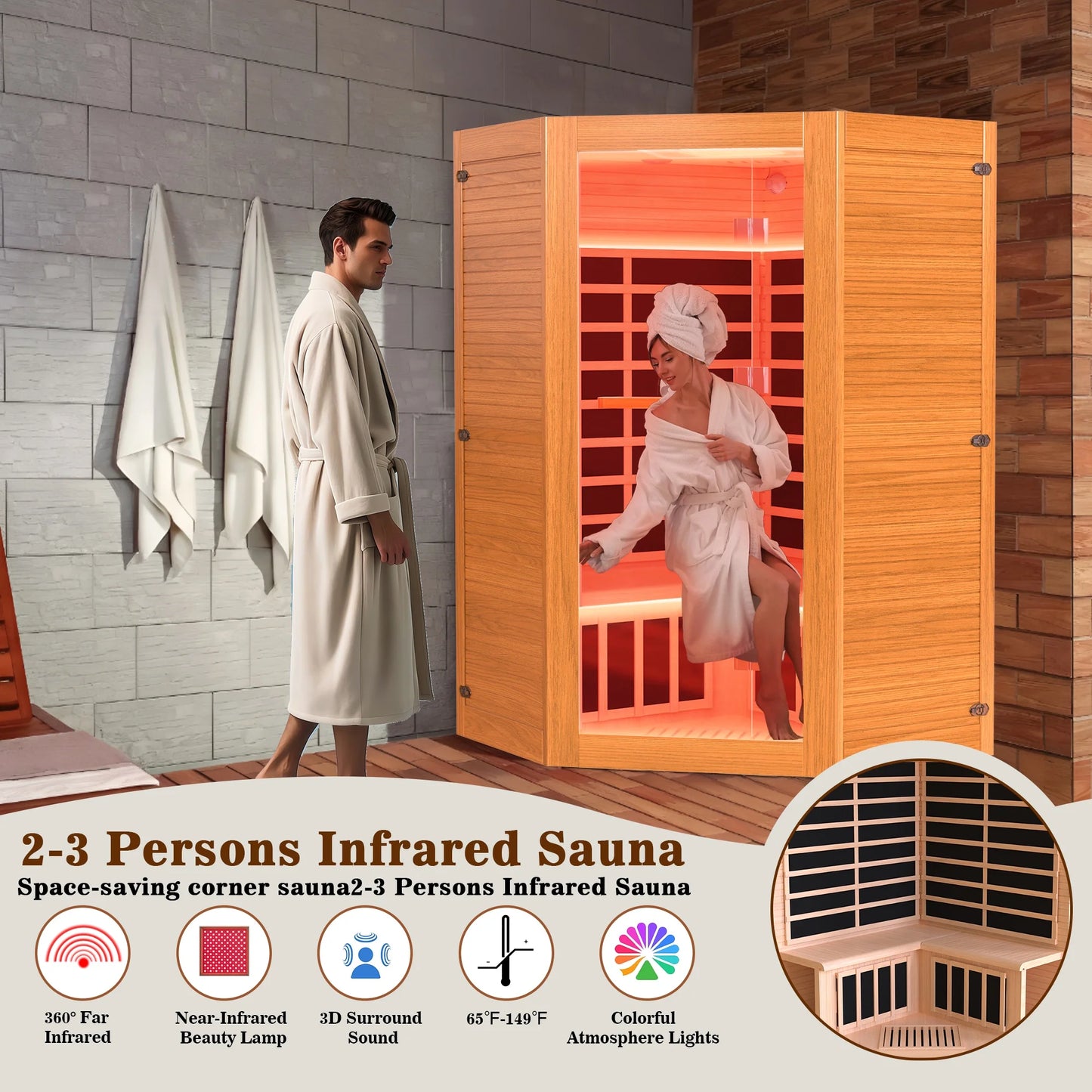 Multifunctional 2-3 Person Infrared Sauna for Home, 2180W Indoor Sauna with 7-Color LED Ambient Light, Red Light Feature, Oxygen Bar, Dual Bluetooth Speakers, 360° Surround Heating