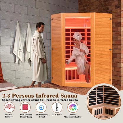 Multifunctional 2-3 Person Infrared Sauna for Home, 2180W Indoor Sauna with 7-Color LED Ambient Light, Red Light Feature, Oxygen Bar, Dual Bluetooth Speakers, 360° Surround Heating