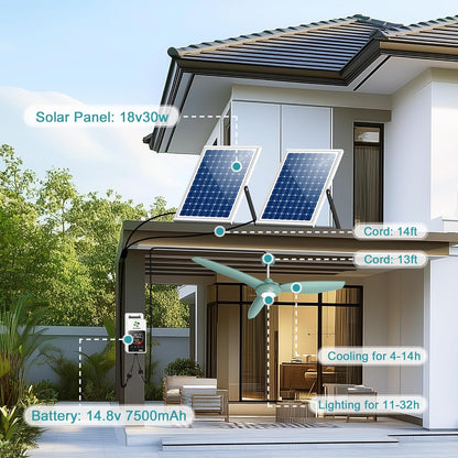 Outdoor Ceiling Fan Light for Gazebo with Battery, 52" Solar Ceiling Fan with Adjustable Thermostat & 2Pcs 30W Bifacial Panels for Patios, Porch, Barn, Shed
