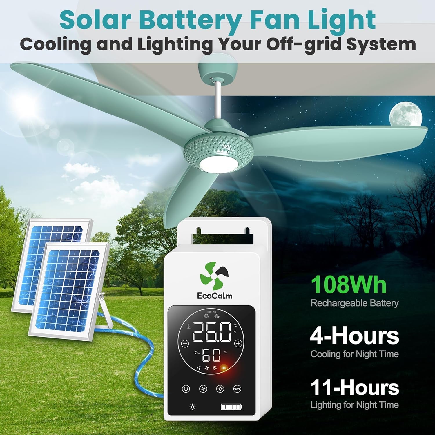 Outdoor Ceiling Fan Light for Gazebo with Battery, 52" Solar Ceiling Fan with Adjustable Thermostat & 2Pcs 30W Bifacial Panels for Patios, Porch, Barn, Shed