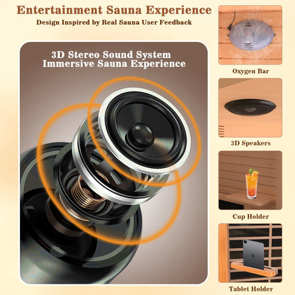 Multifunctional 2-3 Person Infrared Sauna for Home, 2180W Indoor Sauna with 7-Color LED Ambient Light, Red Light Feature, Oxygen Bar, Dual Bluetooth Speakers, 360° Surround Heating