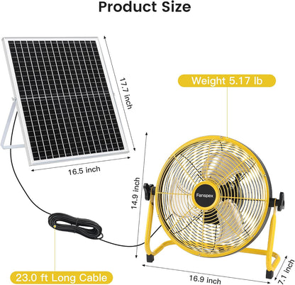 14" Solar Rechargeable Floor Fan for Outdoor, 22500Mah Battery Operated Fan with 35W Solar Panel Powered for Patio Gazebo Camping, 360° Tilt (18.3 Ft/S Airflow)