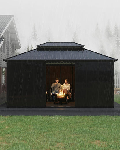 12X16 Ft Hardtop Gazebo Sunroom, Enclosed Gazebo with Floor-To-Ceiling Sliding Doors, All-Aluminum Alloy Frame, Screen Outdoor Room Solarium for Backyard, Patio, and Deck
