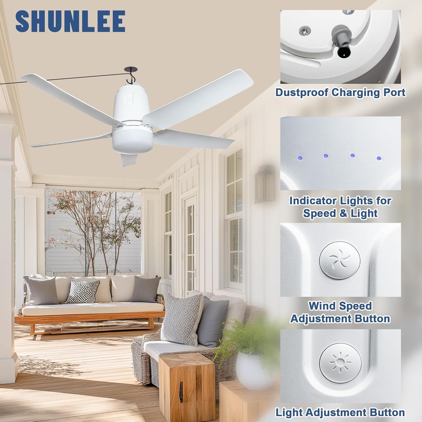 Solar Outdoor Ceiling Fan Light 31.5'', 60W Solar Powered Portable Gazebo Fan with Remote and Hook, 3000K-6000K LED, 40000Mah Large Hanging Canopy Fan (31.5 Inch)