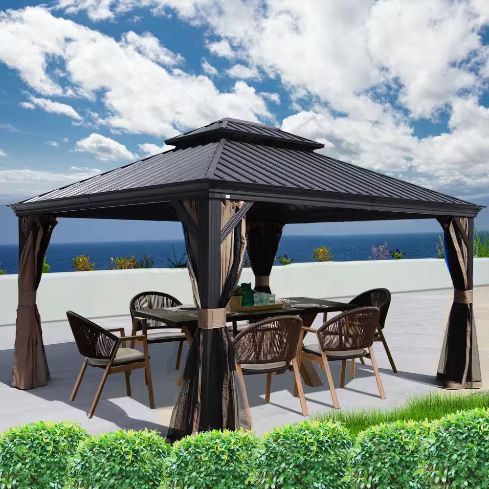 Alexander 14 Ft. D X 9 Ft. H X 12 Ft. W Aluminum Hardtop with Gazebo Galvanized Steel Roof, Nettings & Curtains(Gray)
