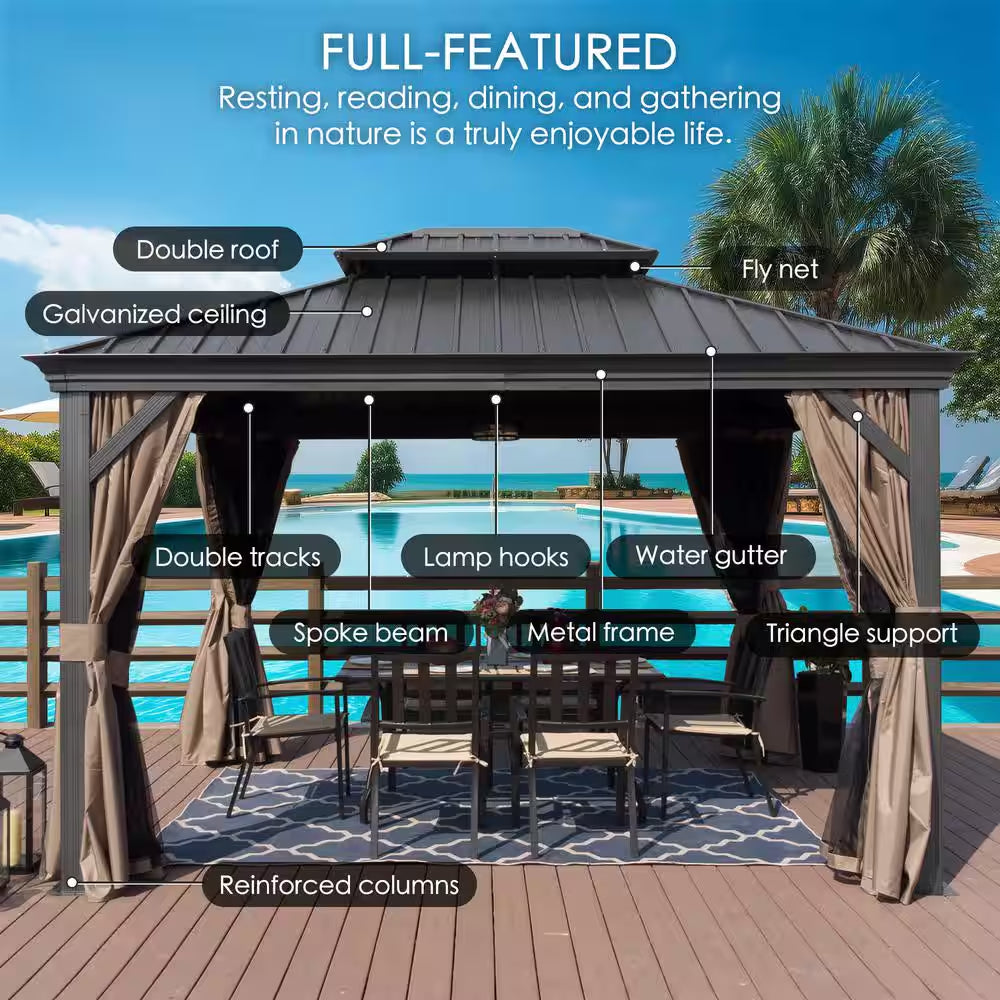 Alexander 12 Ft. X 16 Ft. Aluminum Gray Hardtop Gazebo with Galvanized Steel Roof Gray Color