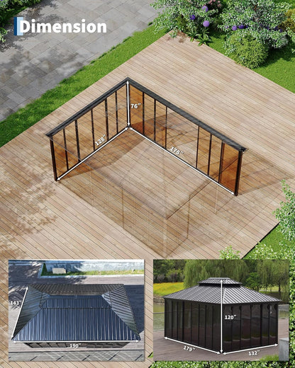 12X16 Ft Hardtop Gazebo Sunroom, Enclosed Gazebo with Floor-To-Ceiling Sliding Doors, All-Aluminum Alloy Frame, Screen Outdoor Room Solarium for Backyard, Patio, and Deck