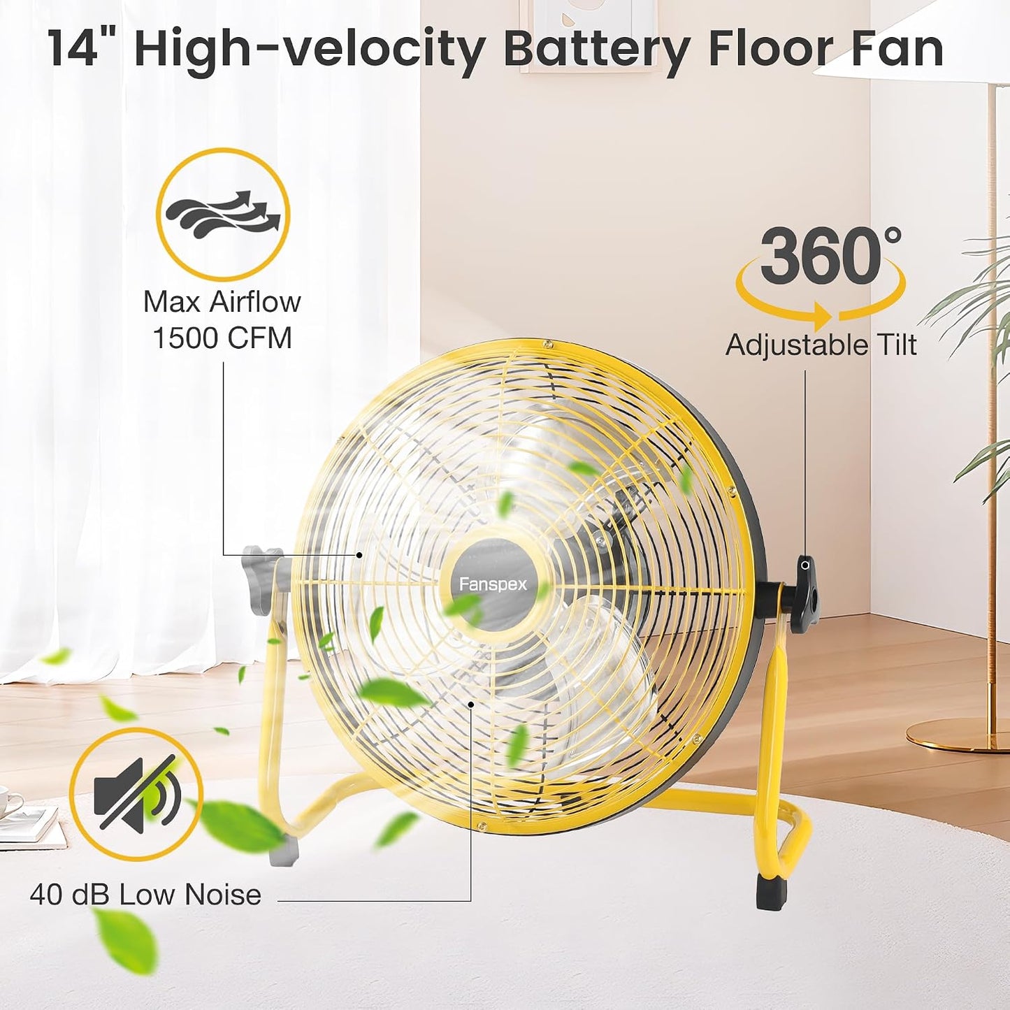 14" Solar Rechargeable Floor Fan for Outdoor, 22500Mah Battery Operated Fan with 35W Solar Panel Powered for Patio Gazebo Camping, 360° Tilt (18.3 Ft/S Airflow)