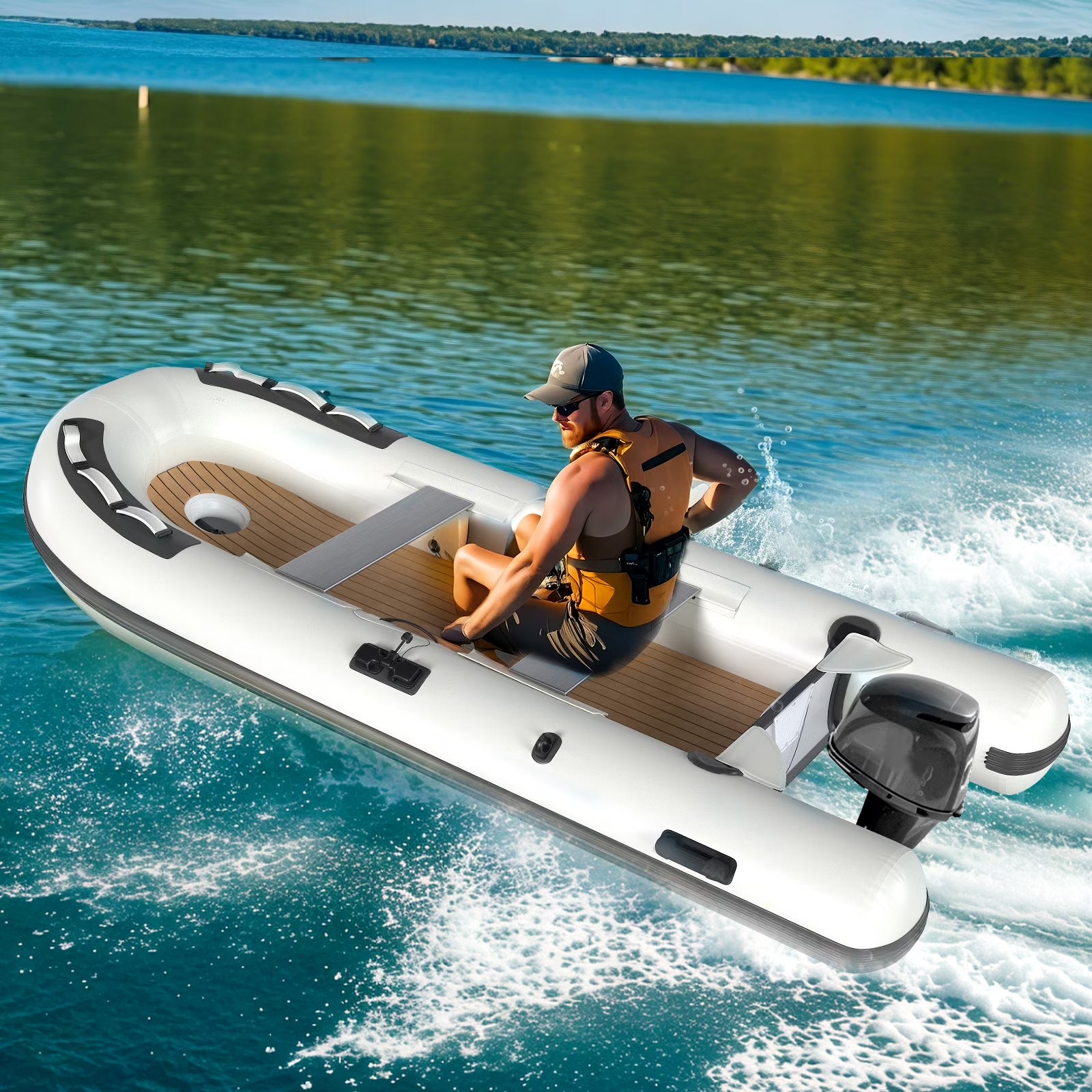 10.5Ft Inflatable Dinghy Boat, 1200 Lbs Capacity, Fishing Rafting Transom Sport Tender, Inflatable Pontoon Boat for Adults, EVA Foam Floor, 2 Aluminum Seats, 6 Handles, 2 Paddle Holders