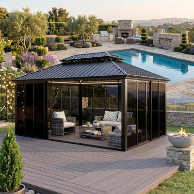 12X16 Ft Hardtop Gazebo Sunroom, Enclosed Gazebo with Floor-To-Ceiling Sliding Doors, All-Aluminum Alloy Frame, Screen Outdoor Room Solarium for Backyard, Patio, and Deck
