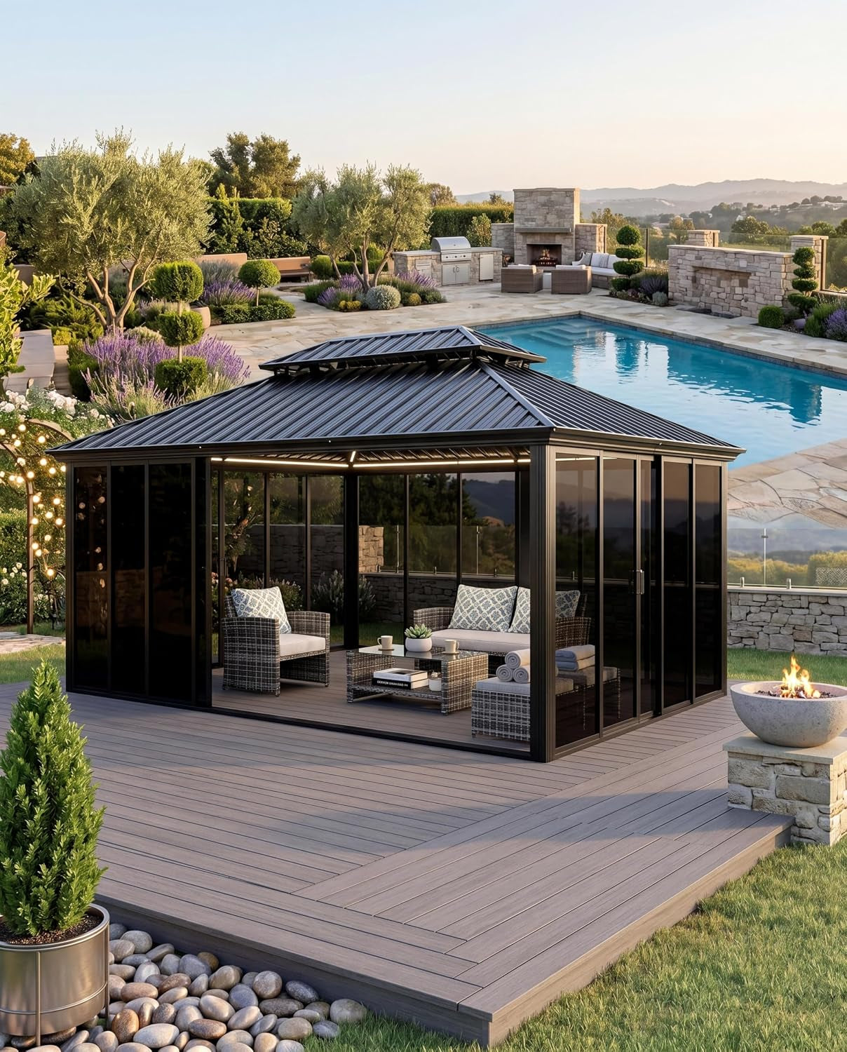 12X16 Ft Hardtop Gazebo Sunroom, Enclosed Gazebo with Floor-To-Ceiling Sliding Doors, All-Aluminum Alloy Frame, Screen Outdoor Room Solarium for Backyard, Patio, and Deck