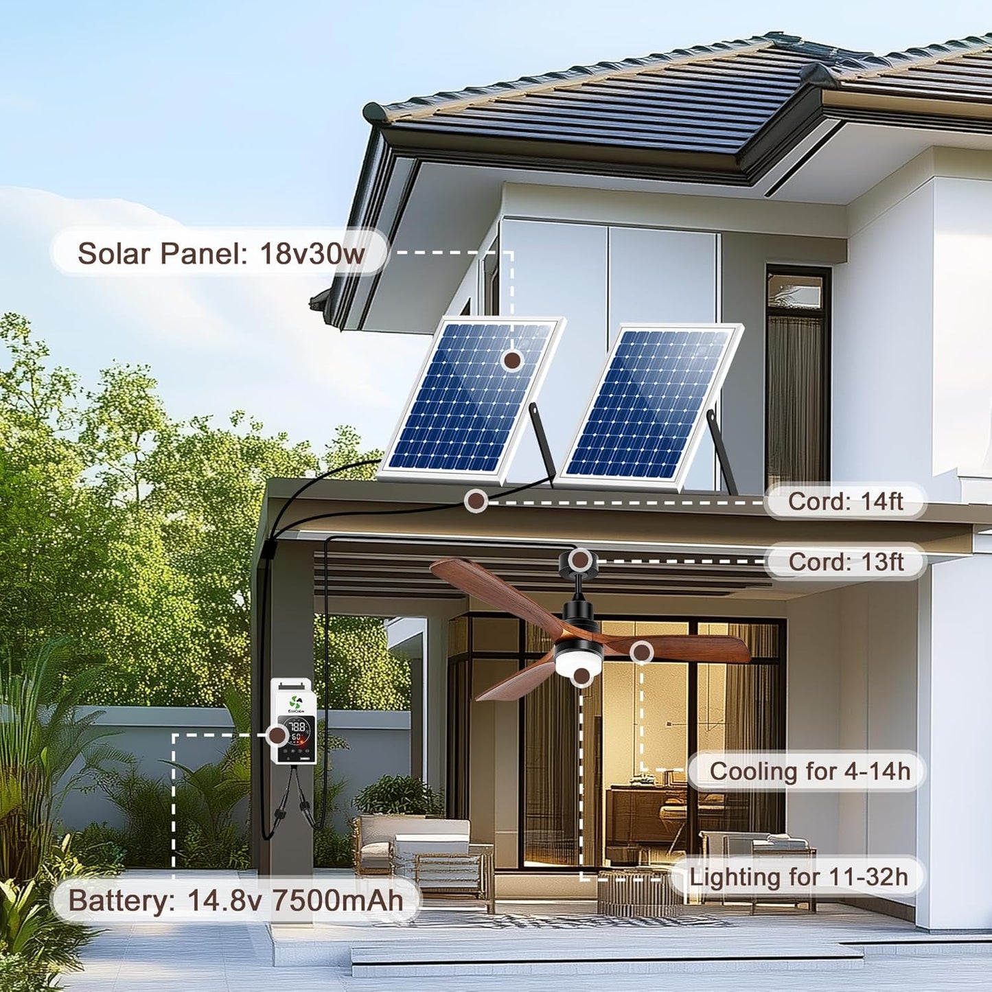 Outdoor Ceiling Fan with Light & Battery, 52" Solar Ceiling Fans for outside 3 Speeds, Quiet Wood Walnut Fan with Adjustable Thermostat for Gazebo, Patios