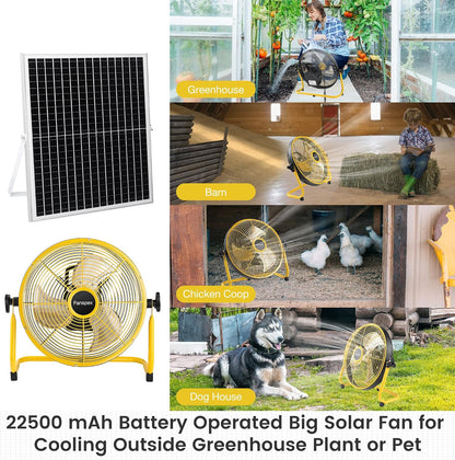 14" Solar Rechargeable Floor Fan for Outdoor, 22500Mah Battery Operated Fan with 35W Solar Panel Powered for Patio Gazebo Camping, 360° Tilt (18.3 Ft/S Airflow)